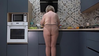 Curvy Wife In Nylon Pantyhose Offers Breakfast Menu Including Herself And Scrambled Eggs In The Kitchen. Behind The Scenes Footage Of A Busty Milf With A Big Ass.